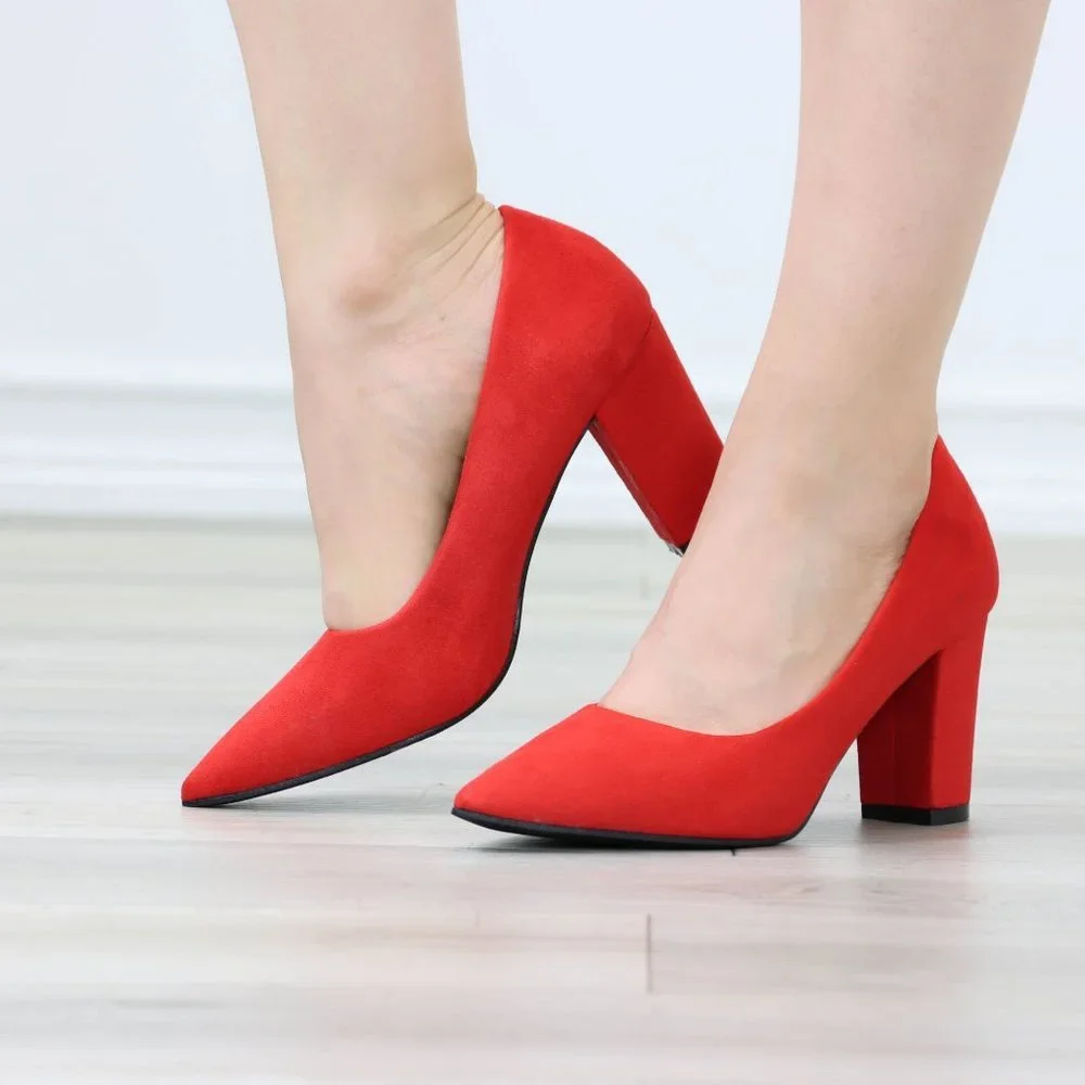 Classic Block High Heel Slip On Pointed Toe Pumps Red Suede